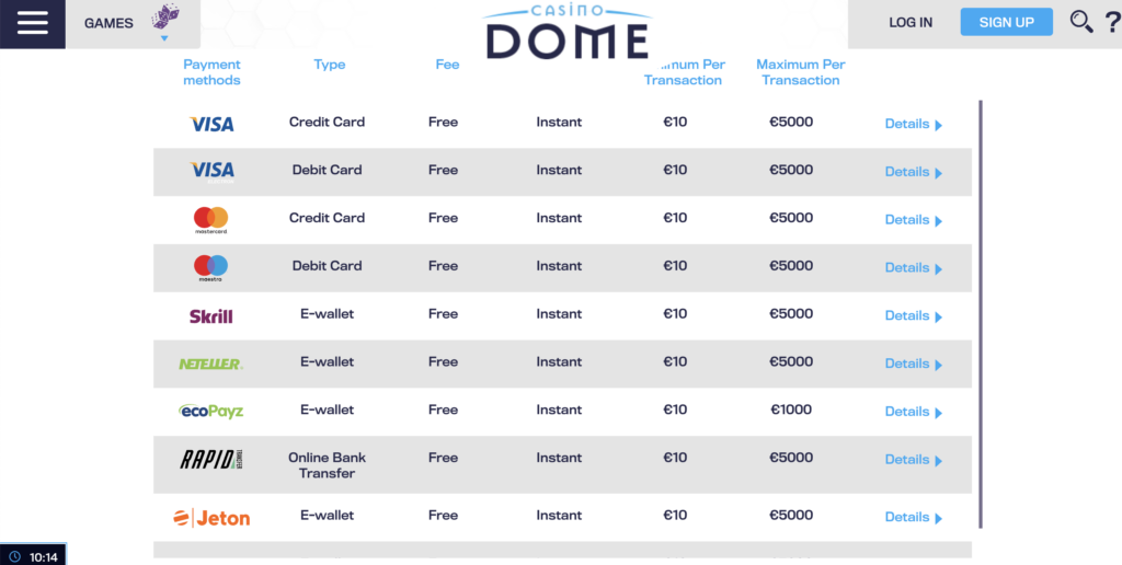 casino dome banking